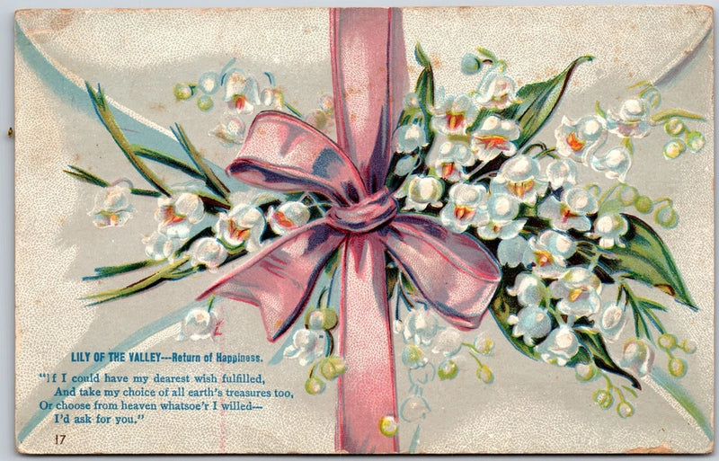 Vintage lily of the valley flower bouquet greeting postcard with pink ribbon bow