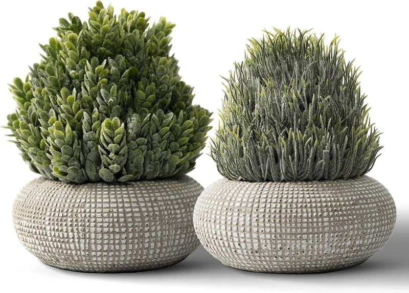 2 Pack Small Fake Plants in Cement Planter for Bathroom Decor, 6.1/5.7 Inch Arti Green Plant