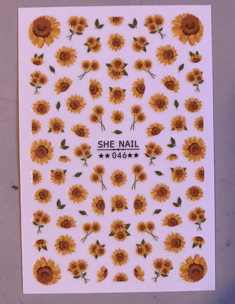 Sunflower nail sticker sheet with small flower and leaf decals, SHE NAIL 046