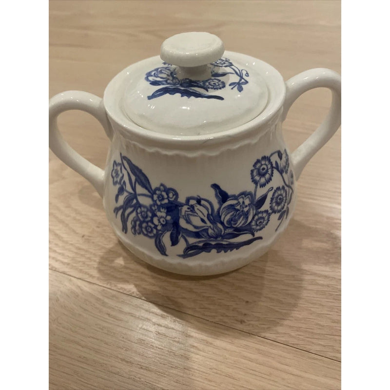 Wedgwood Ranunculus Sugar Bowl With Handles & Cover Cobalt Blue Flowers England Ranunculus