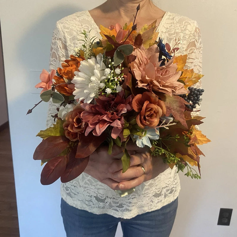 Bridal Wedding Bouquet Lovely Budget Handmade Faux Bubble Pearl Blue Fall Colors Bouquet