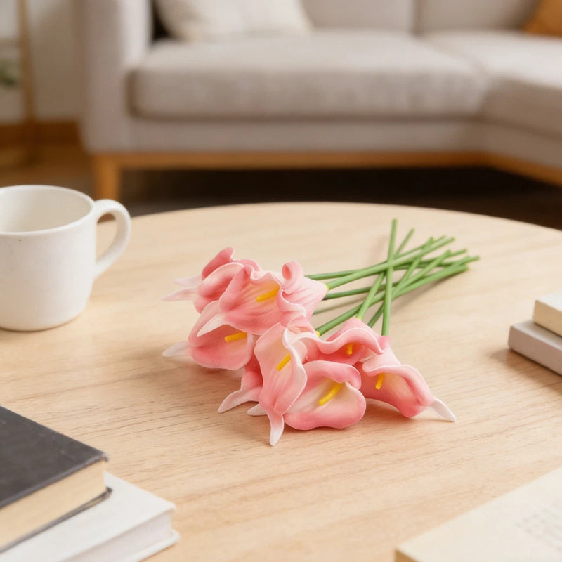 Artificial calla lily flowers in pink with green stems, 10-piece set