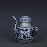 7.1" China Yuan Blue-and-white Porcelain Peony Flower Two Mouth Teapot Peony