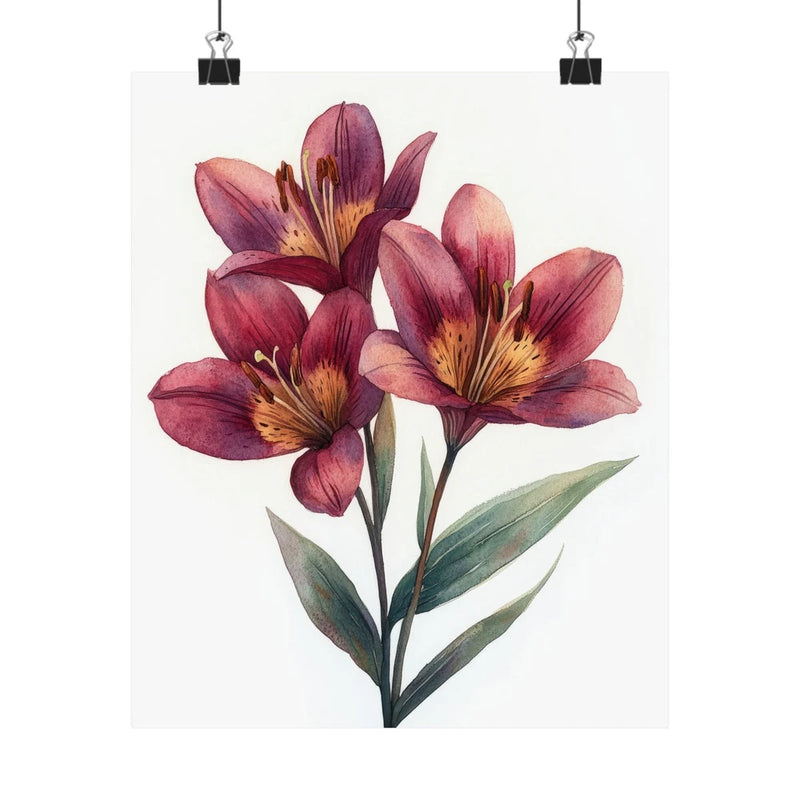 Burgundy lily flower art print poster with purple-pink blooms and green leaves