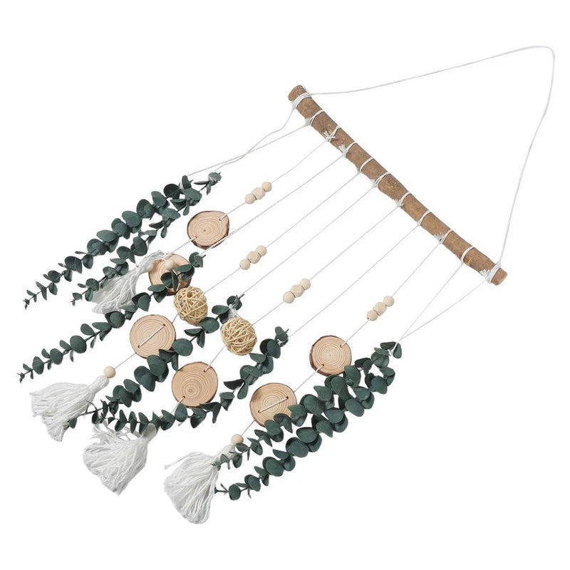 Artificial eucalyptus leaf hanging wall decor with wood slices, beads, and white tassels