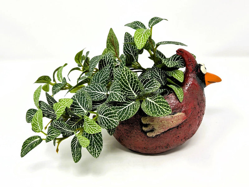 6.5" Potted Lg CARDINAL Blob House pot planted WITH faux GREEN Fittonia PLANT, h Green Plant