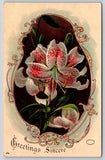 Flower Greetings~Red Spotted White Lilies In Artful Frame~c1910 Vintage Postcard Lily