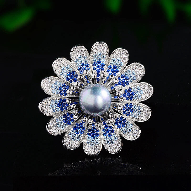White Gold Plated Blue Cubic Zirconia Daisy Sunflower Brooch Pin Sunflower