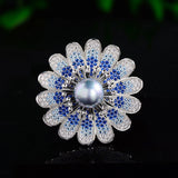 White Gold Plated Blue Cubic Zirconia Daisy Sunflower Brooch Pin Sunflower