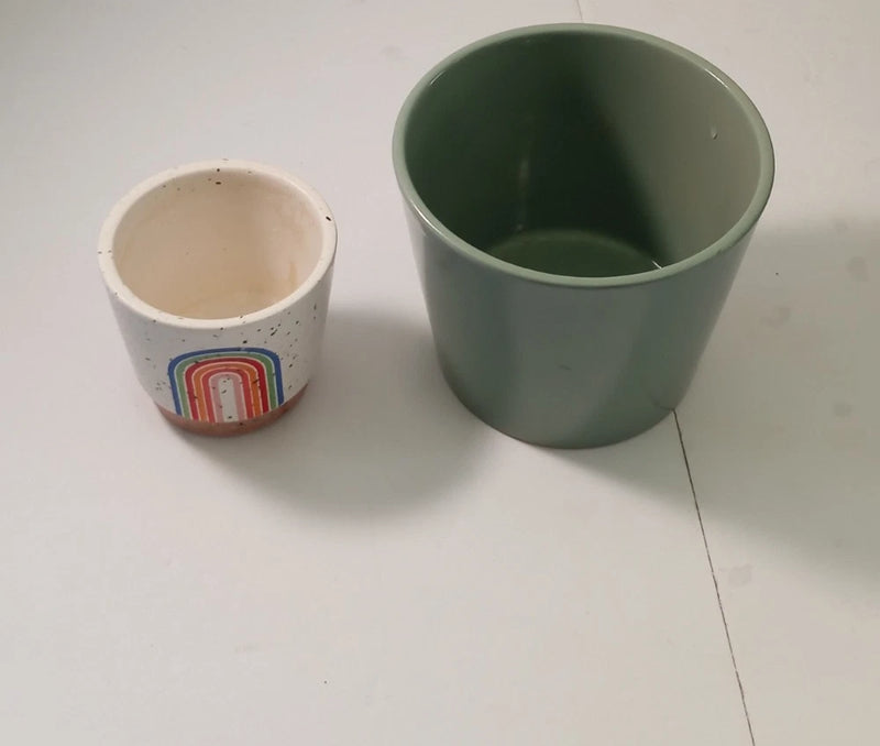 Small succulent pot set: one dark green and one white rainbow pattern planter