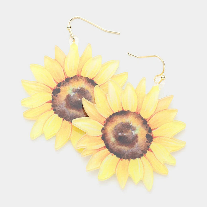 Yellow Sunflower Watercolor Print Clear Acrylic Charm Pendant Dangle Earrings Sunflower