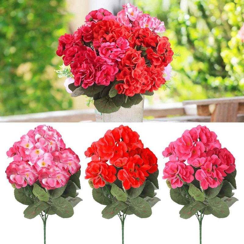 Artificial geranium flower bouquet, silk-look pink and red blooms with green leaves (3 bunches)