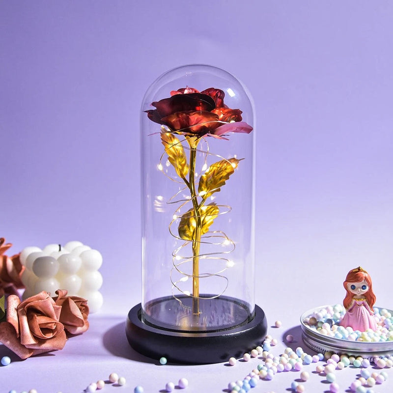 LED glass dome rose decoration with gold and red forever roses inside