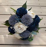 Navy Blue Gray Bridal Bouquet White Sola Wood Artificial Wedding Flowers Bride Bouquet