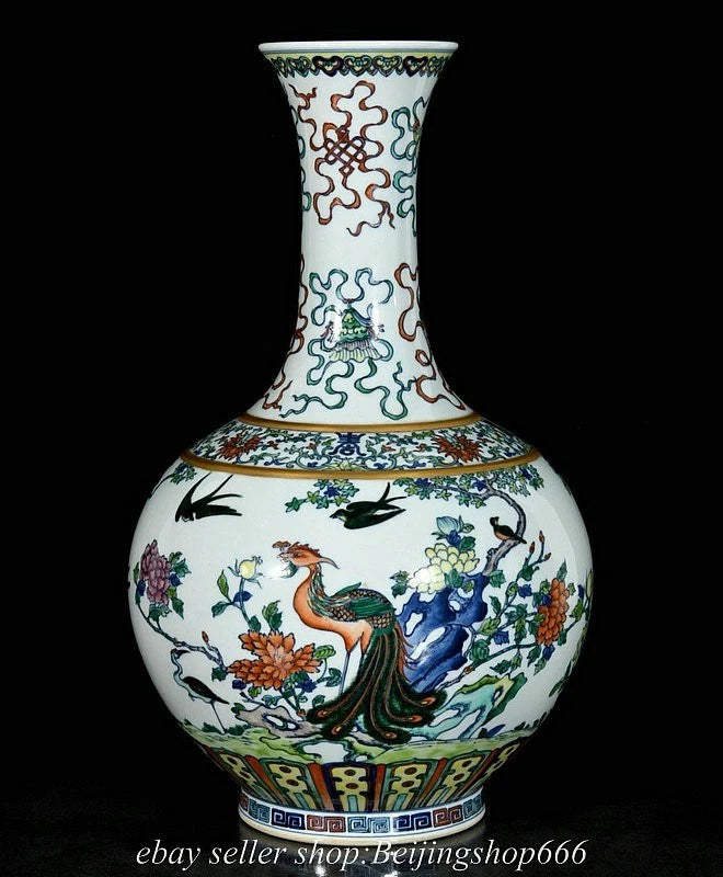 Porcelain bottle vase with peony flowers, birds and blue-green decorative pattern on white