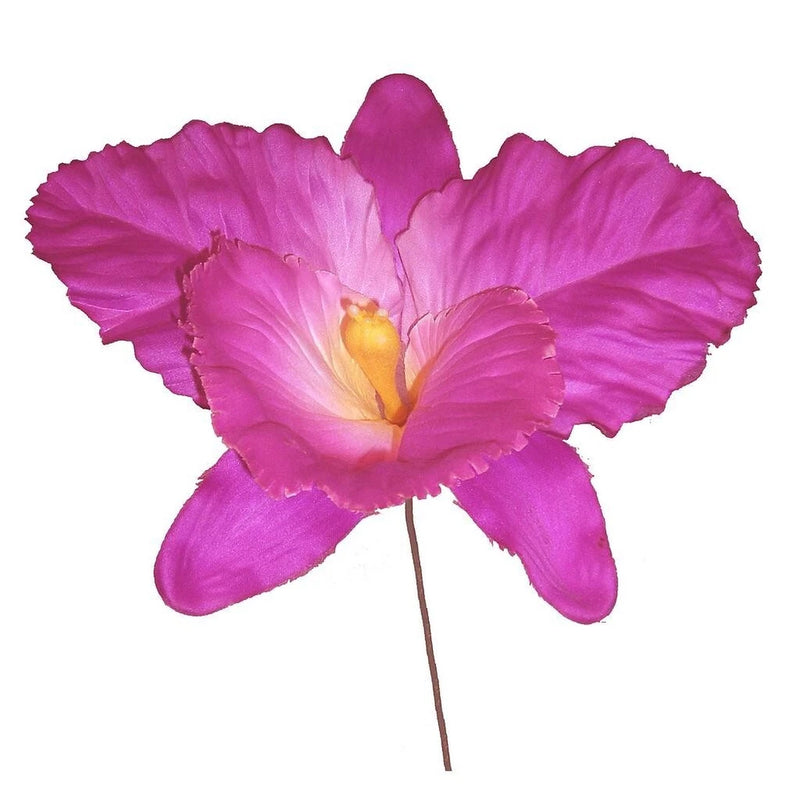 Artificial fuchsia orchid blossom with open petals and short stem