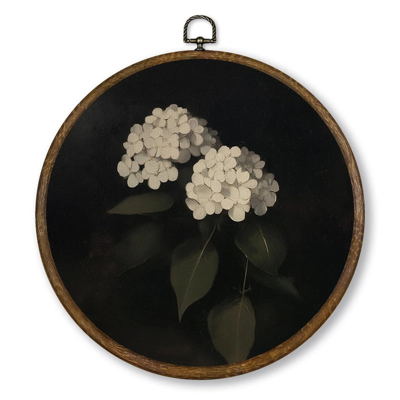Vintage Hydrangea Wall Art Decor, Dark Academia Moody White Floral Round Wood... Hydrangea
