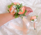 Wrist Corsage Men's Corsage Peach Ranunculus Silk Flowers White Set (2 PC) USA Bouquet
