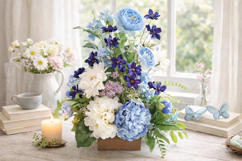 Blue and white floral arrangement with peony blooms, butterflies, and greenery in a planter