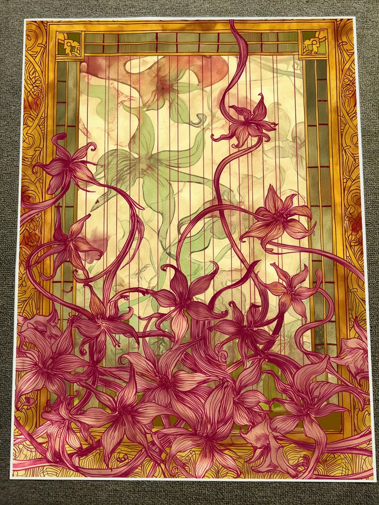 Decorative floral poster with red/pink lilies and ornate gold border, 18x24 in