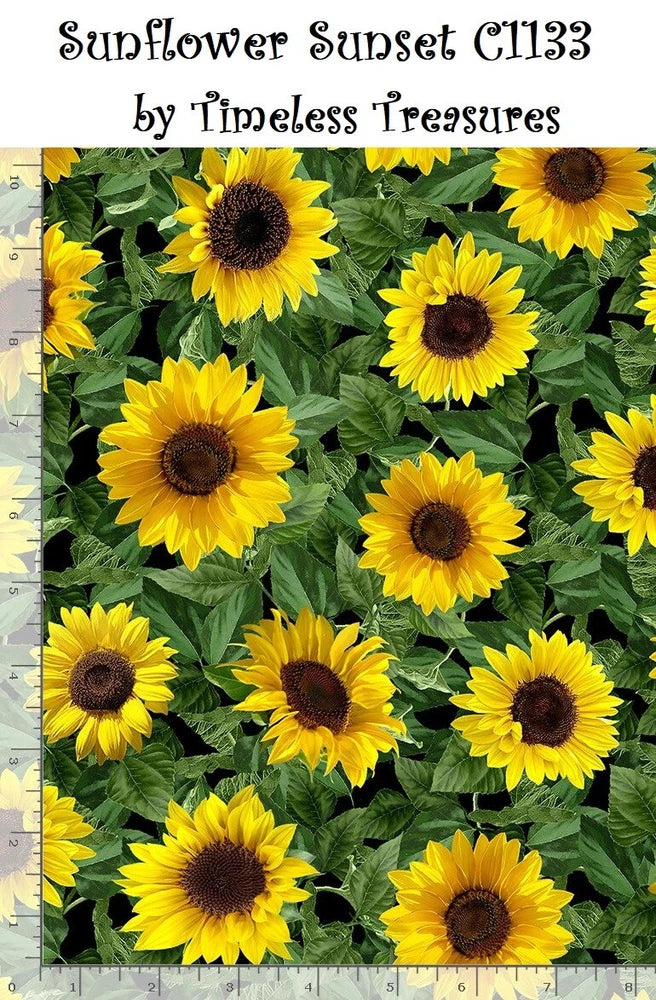 Cotton quilt fabric with sunflower and leafy green pattern, bright yellow blooms