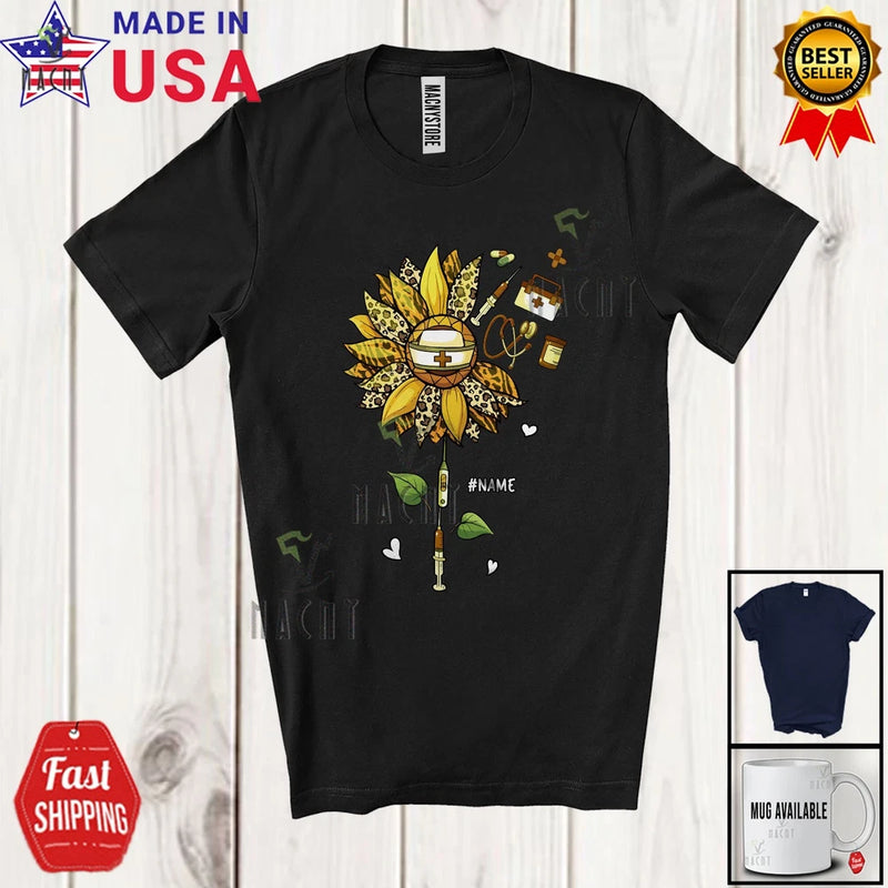Leopard Sunflower With Tools Nurse; Flowers Custom Name Women Family T-Shirt Sunflower