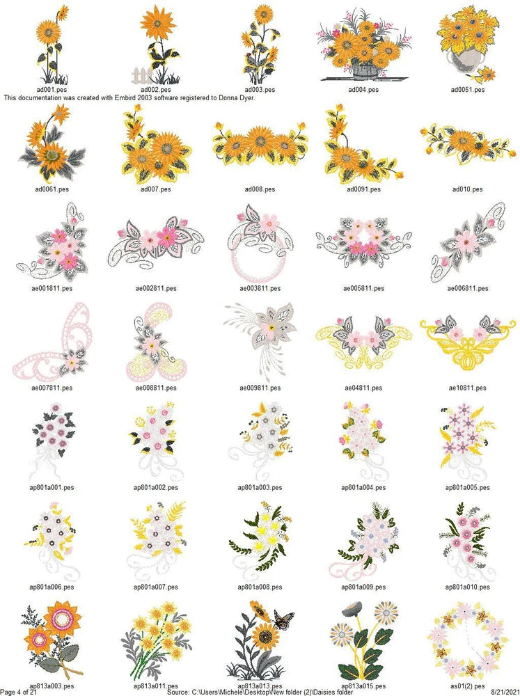 940 FLOWERS DAISY SUNFLOWER FUCHSIA Embroidery Machine Designs Patterns PES USB Sunflower