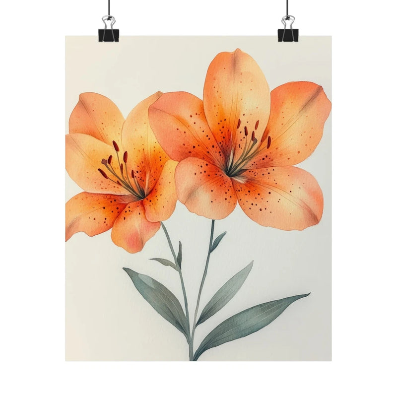 Floral art print poster with three orange lilies and green leaves on light background