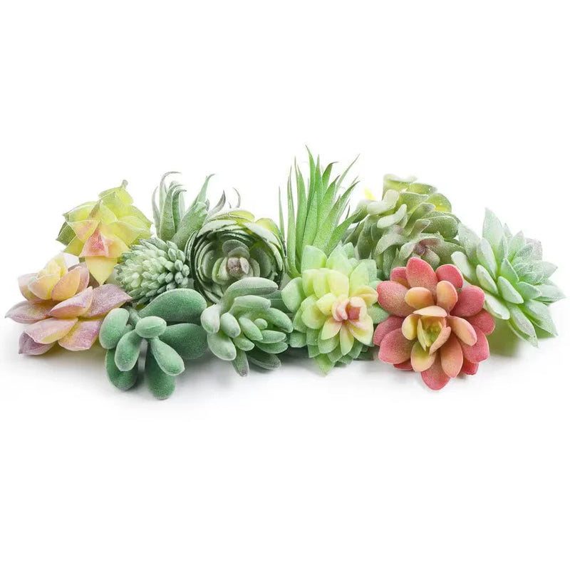 Artificial succulent plant assortment, mixed green, pink, and pale yellow leaves.