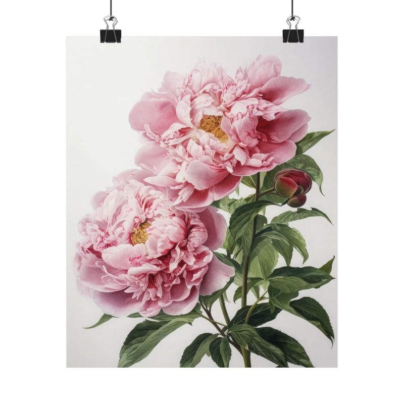 Pink peony flowers poster with detailed pink blossoms and green leaves