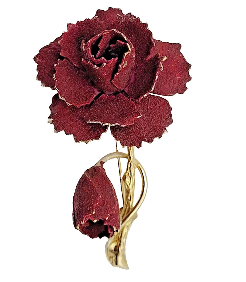 Red flocked double carnation brooch pin with gold-tone back