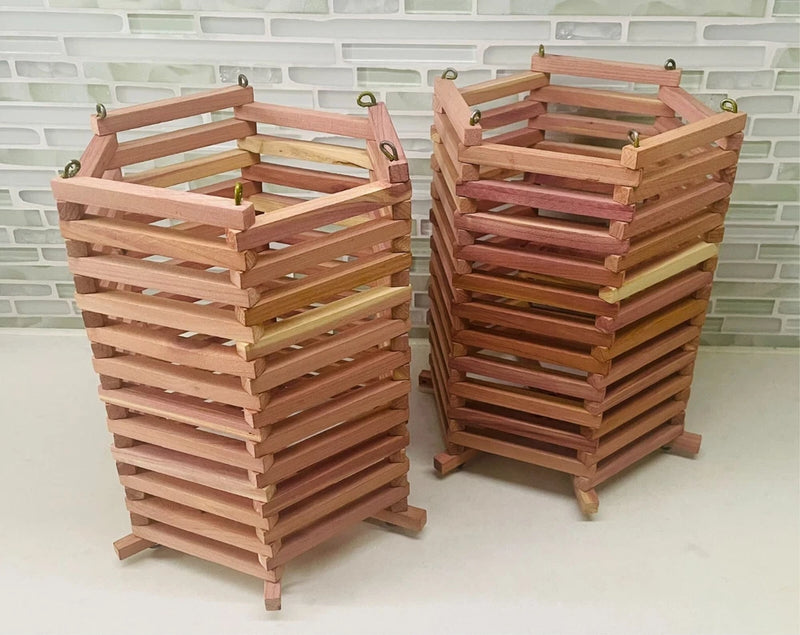 Wooden cedar hexagon orchid basket with slatted sides and open top, shown two angles