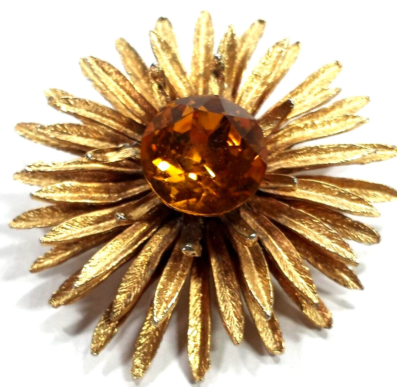 VintageLarge Gold Color Carnation w/ Orange Center Crystal 2" Brooch Carnation