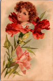 Postcard Young Childs Face Inside Carnation Flower Carnation