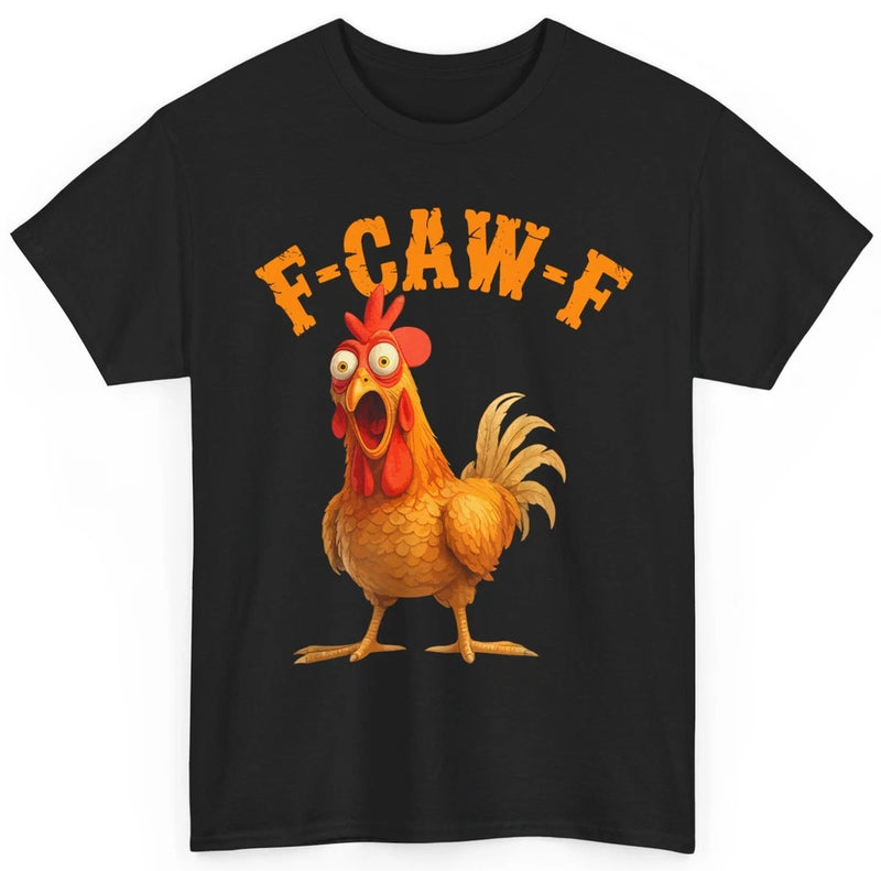 Black short-sleeve T-shirt with cartoon chicken and F-CAW-F graphic