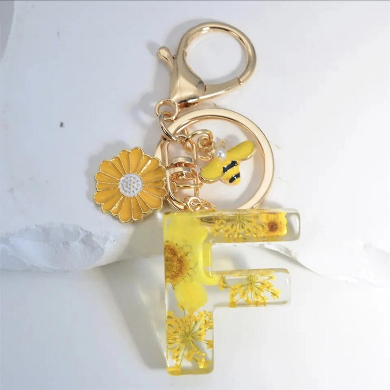 Honeybee Keychain Dry Flower Resin Sunflower Pendant Keyring INITIAL F Sunflower