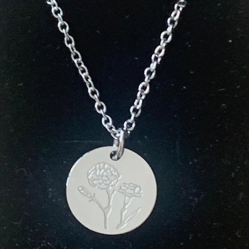 Necklace Coin Carnation Flower Disc Stainless Steel New Gift Carnation