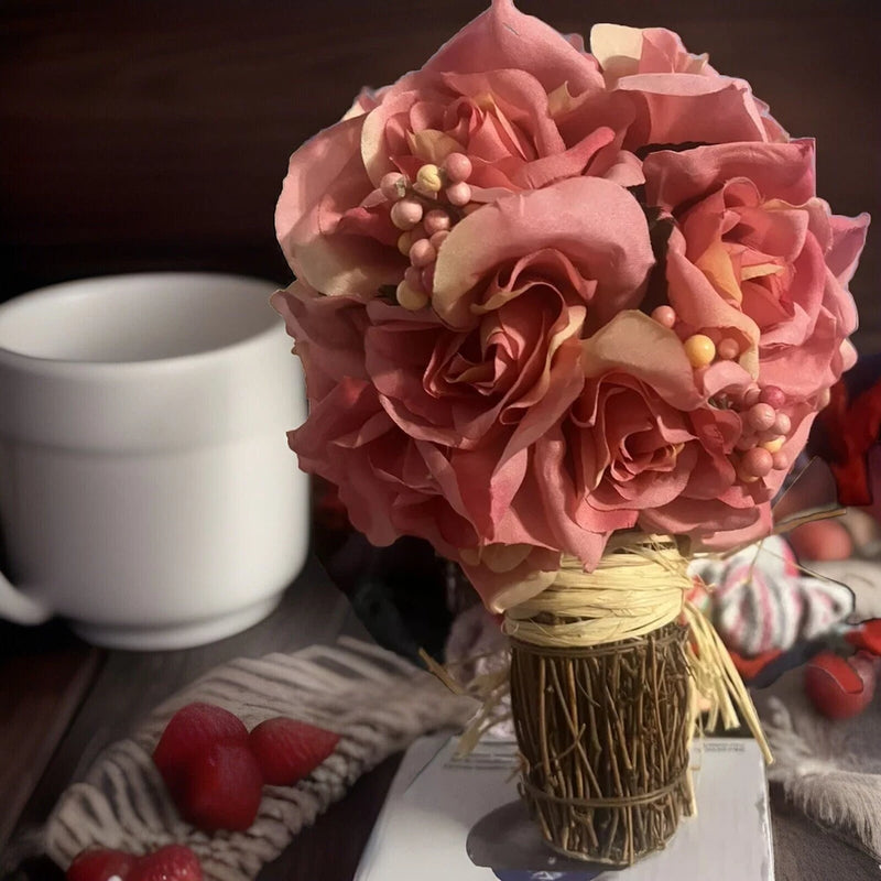 Bouquet Of Pink Silk Roses, Bow, Wedding Or Free Standing Bouquet