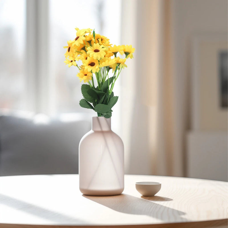 Artificial sunflower bouquet with 24 yellow blooms in white vase