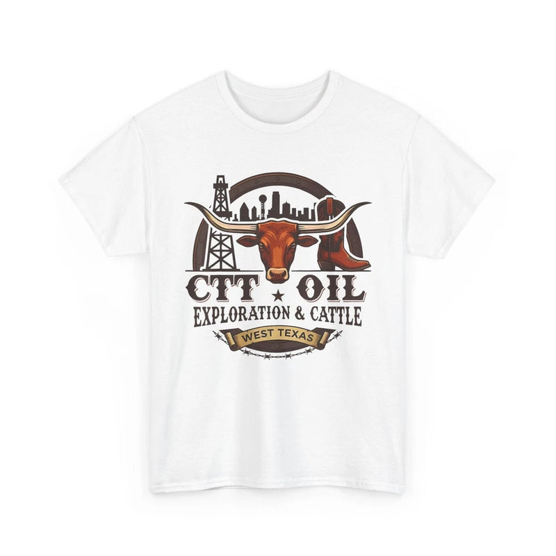 White crewneck graphic T-shirt with bull head and oil rig print