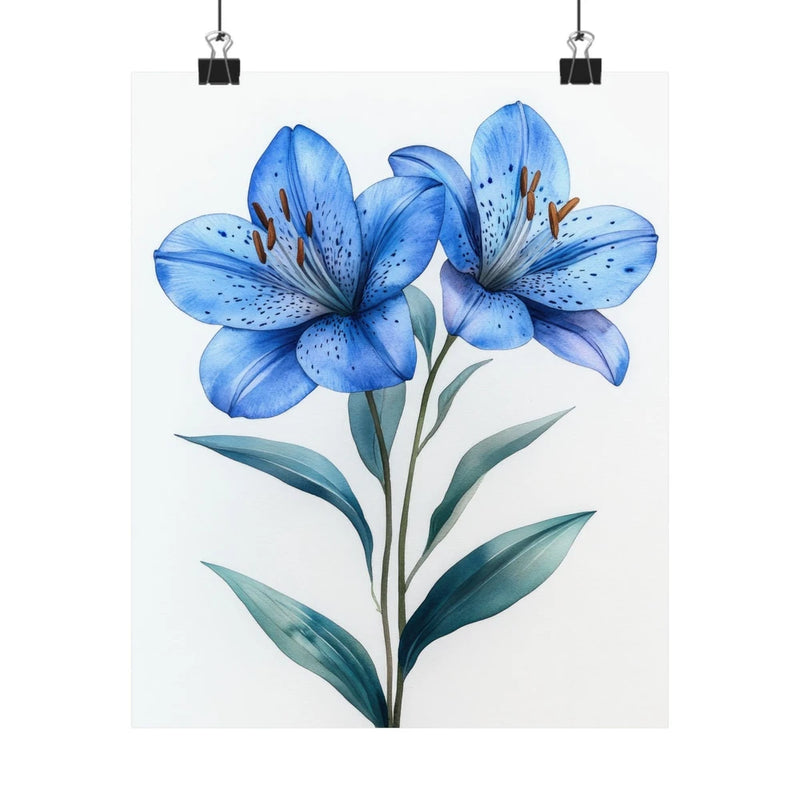 Blue lily flower art print poster with minimalist botanical design