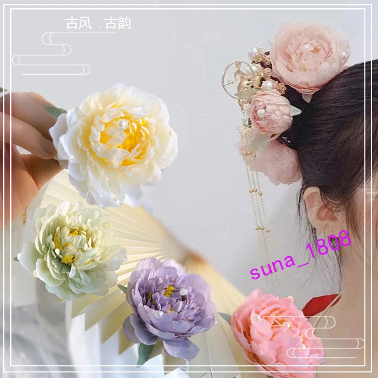 Peony silk flower hair pins with pale pink and cream blossoms, pearl bead dangling