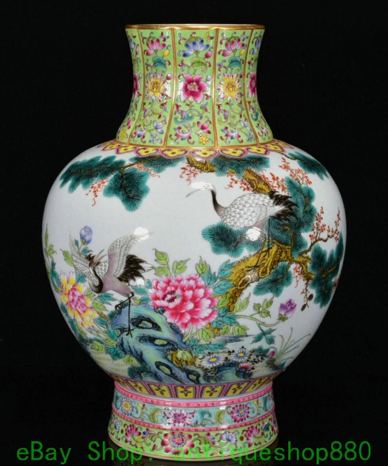 Famille rose porcelain bottle vase with crane and peony floral design, multicolor