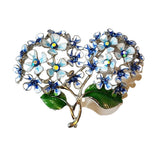 Pretty Hydrangea Heart Brooch Blue AB Rhinestones Enamel Valentine's Day Floral. Hydrangea