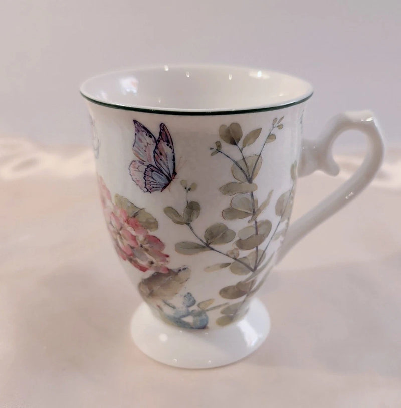 Mug Coffee Tea Cup Summer River Floral Pedestal Ferns Hydrangea Butterfly Hydrangea