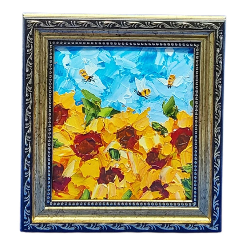 Framed semi-abstract flower oil painting with yellow and blue tones