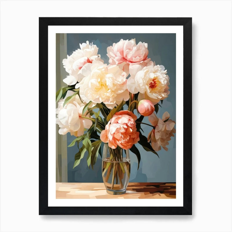 Framed peony flower still life wall art, pastel blooms in glass vase with gold stems
