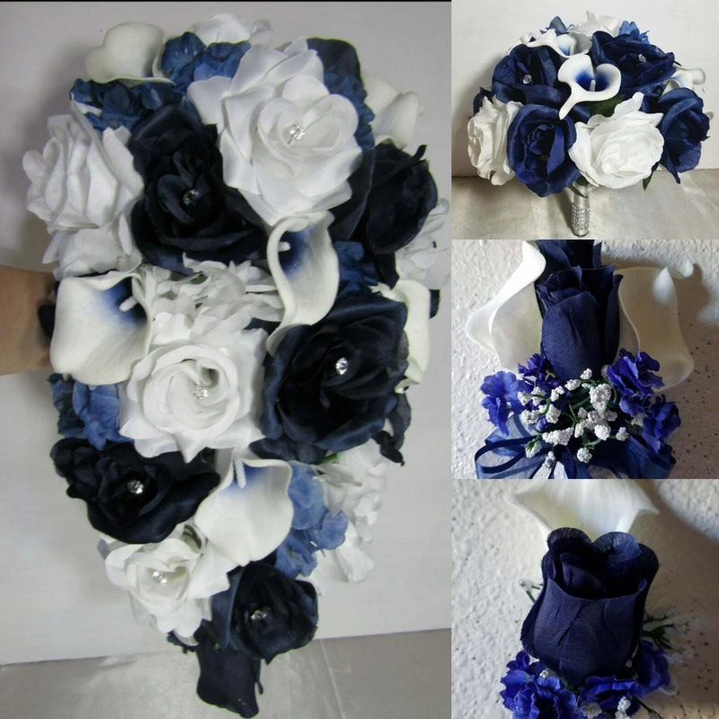 Navy Blue White Rose Calla Lily Bridal Wedding Bouquet Accessories Bouquet