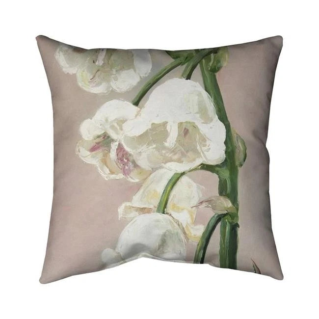 Square decorative pillow with taupe backing and white lily floral with green stems