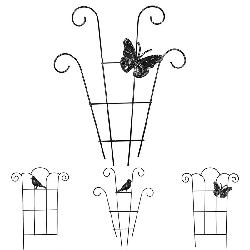 Black metal plant support with butterfly ornament and four curled stakes